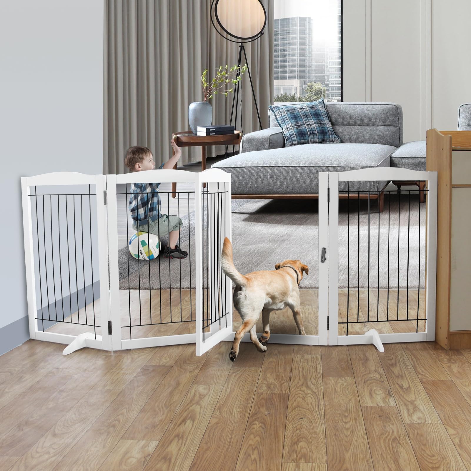 ZJSF Free Standing Panel Dog Gate with Door for IndoorDoorwaysHouse Hallwaysor Stairs Freestanding Foldable Gate for Dog White Wooden Puppy Gate Pet Gate 32H