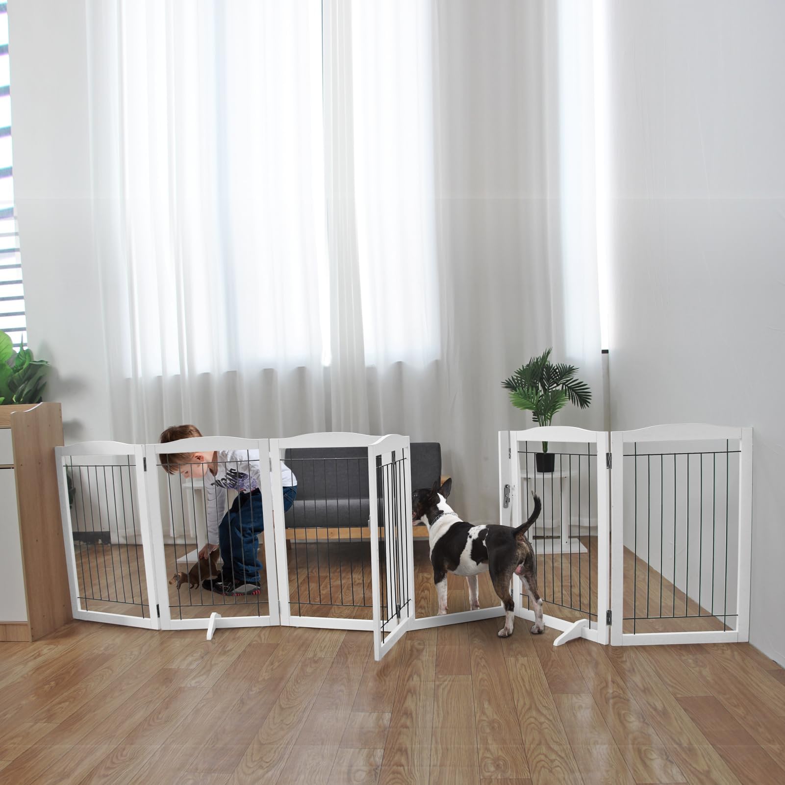 ZJSF Free Standing Panel Dog Gate with Door for IndoorDoorwaysHouse Hallwaysor Stairs Freestanding Foldable Gate for Dog White Wooden Puppy Gate Pet Gate 32H