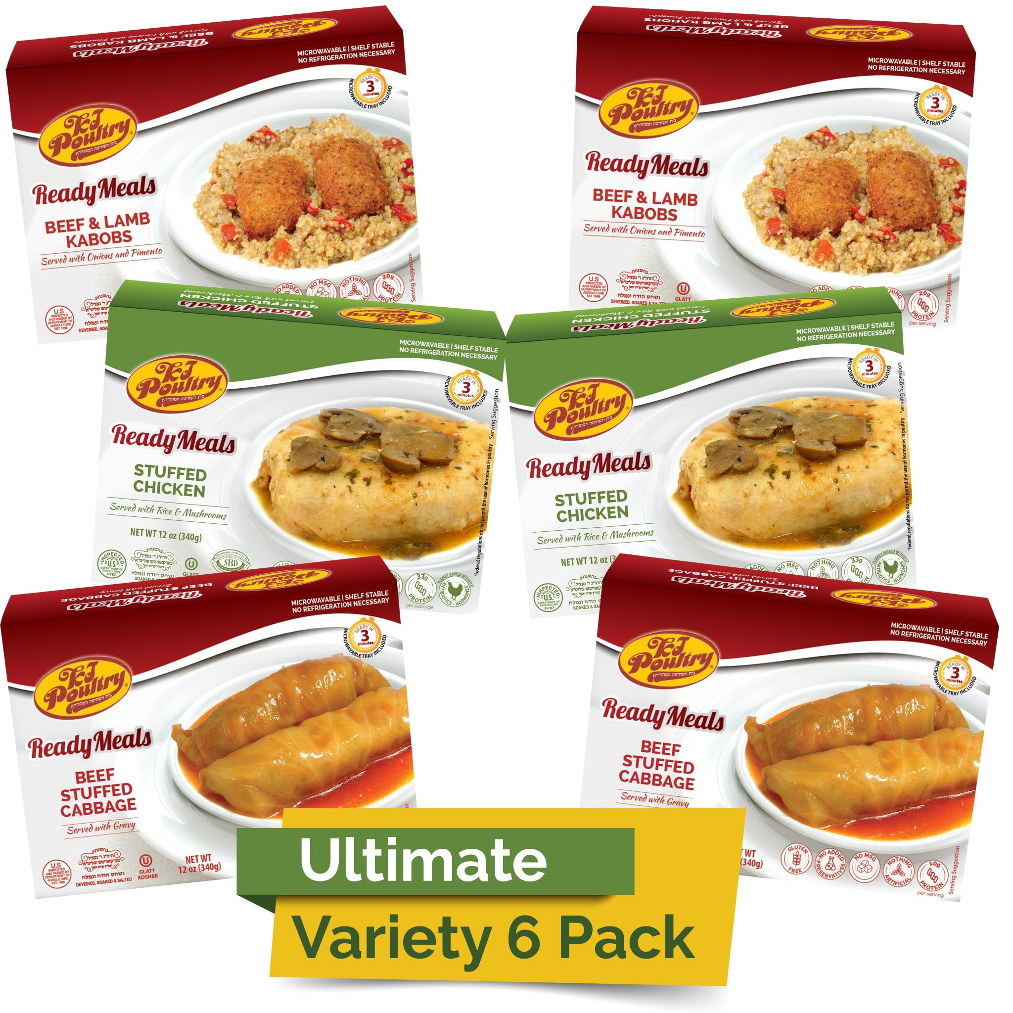 KJ Poultry Kosher Ready Meals - (6 Pack Ultimate Variety - Beef & Chicken) Prepared Entree Fully Cooked Shelf Stable Microwave Dinner Travel Military Camping Emergency Survival Protein