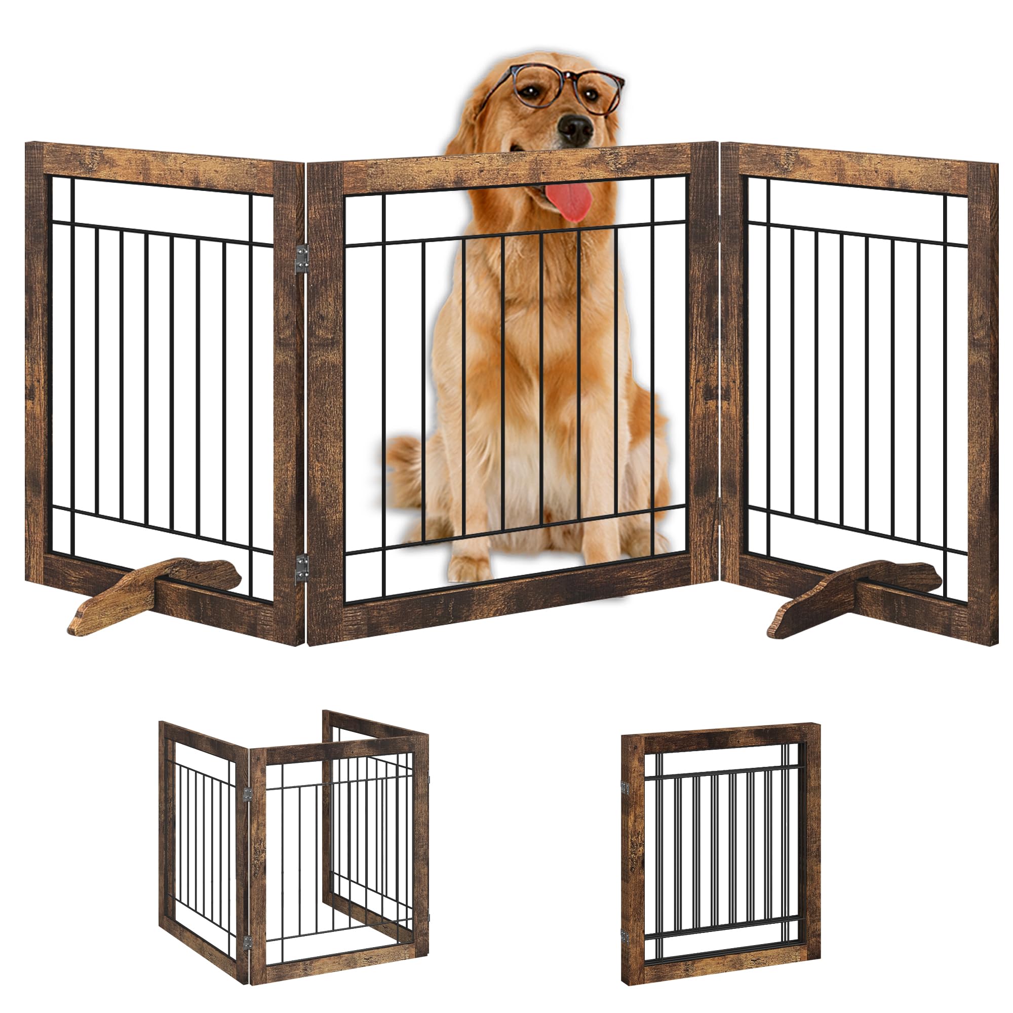 Vantas Folding No-Assembly Pet Gate 72" Wide 30" Tall Wooden Dog Gate Freestanding Wire Pet Gate Pet Puppy Safety Fence with 2PCS Support - Rustic Brown