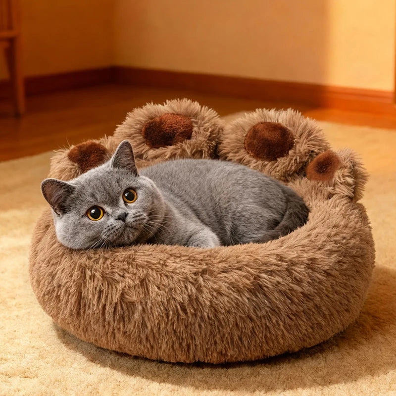 Large Dog Winter Bed Paw Shape Calming Pet Bed, Plush warm Donut Bed