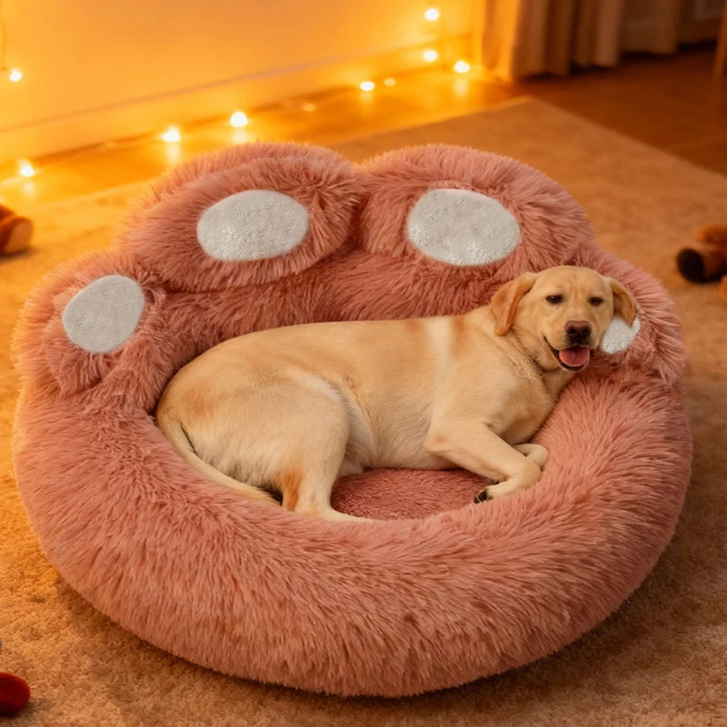 Large Dog Winter Bed Paw Shape Calming Pet Bed, Plush warm Donut Bed