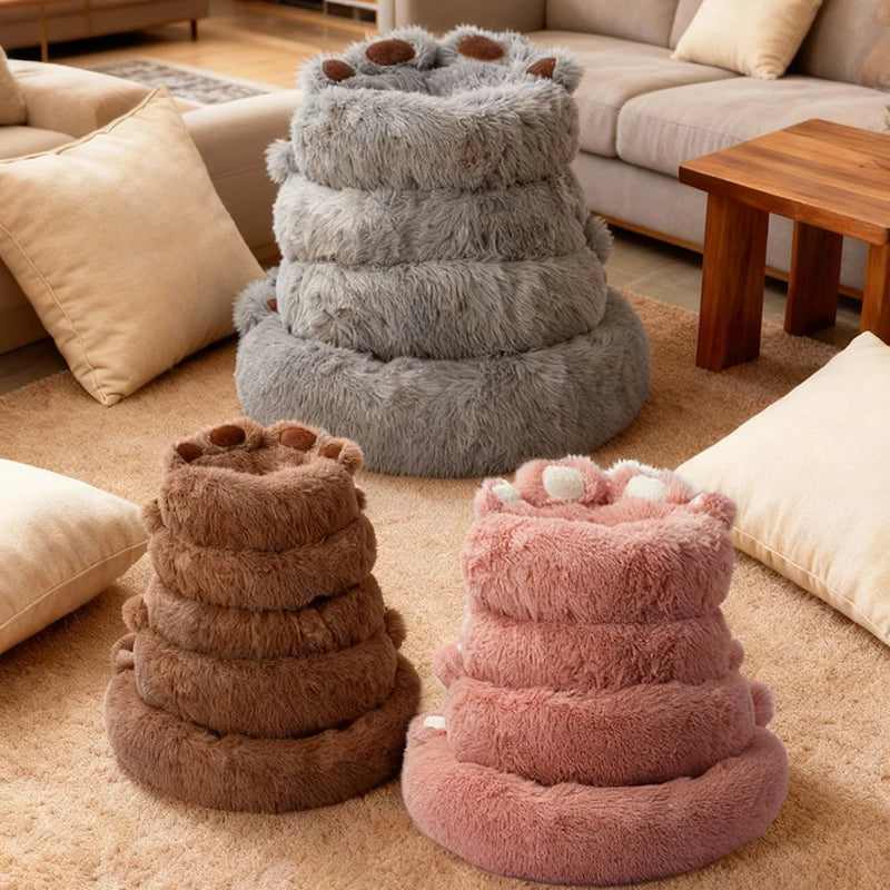 Large Dog Winter Bed Paw Shape Calming Pet Bed, Plush warm Donut Bed