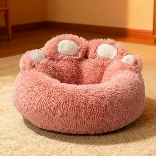 Large Dog Winter Bed Paw Shape Calming Pet Bed, Plush warm Donut Bed