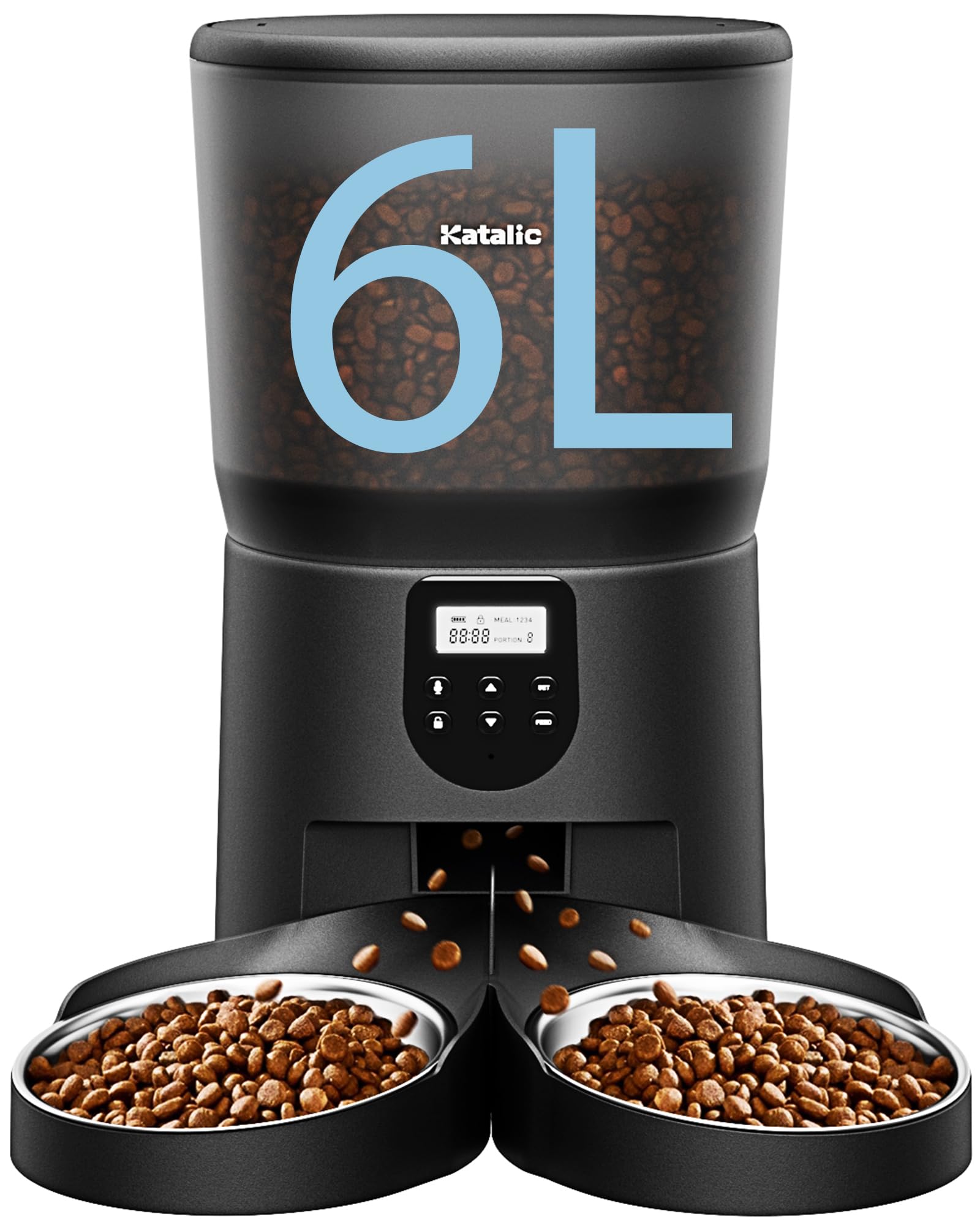 Automatic Cat Feeders for 2 Cats 6L/25cup Automatic Cat Food Dispenser with 2 Stainless Pet Bowls10s Meal Call Timer Setting 30 Portions 6 Meals Per Day Timed Pet Feeder for Cat Dog Indoor Dry Food